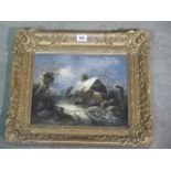 An oil on canvas Cottage in the snow scene, initialled C.N, dated 1825, in a gilt swept frame, frame