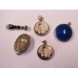 A small silver and enamel compact, 3cm diameter, two lockets, tamper and a silver enamel locket