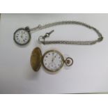 A gold plated hunter pocket watch, top wind, 5cm case, running, dial good with some wear, and a