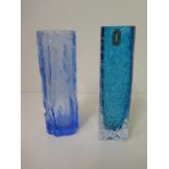 A blue and clear Whitefriars glass vase, 17cm tall, and a bark effect glass vase, both in good