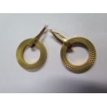 A pair of yellow gold earrings, missing hoops, testing to approx 14ct, 2.6cm diameter, approx 8.9