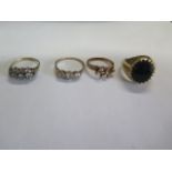 Four 9ct yellow gold rings, total weight approx 15.4 grams, one ring cut while others intact,