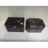 An Oriental black lacquered tea caddy, 18cm tall x 28cm x 18cm, and an octagonal lacquered box, both