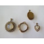 Two 9ct gold coin mounts on a 9ct locket and a 9ct pearl pendant, total weight approx 13.8 grams