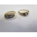 Two hallmarked 18ct yellow gold rings both size N, approx 5 grams, with minor wear and all stones