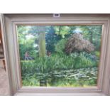 Stephen Roberts, local artist, oil on board 'Sun, reeds, water lillies - Lode, signed and framed,