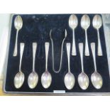A part silver teaspoon set with nips, 10 spoons instead of 12, total silver weight approx 4.8 troy