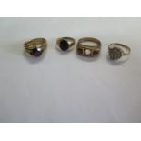 Four 9ct gold rings, one missing a stone, sizes J to S, total weight approx 16.4grams, some