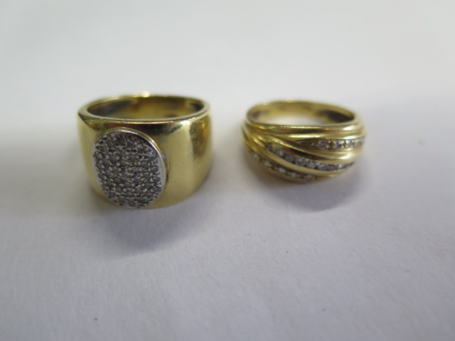 Two 18ct gold diamond encrusted rings, one hallmarked, both size O, approx 13.6 grams, some marks