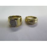 Two 18ct gold diamond encrusted rings, one hallmarked, both size O, approx 13.6 grams, some marks