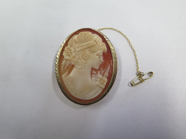 A hallmarked 9ct yellow gold mounted Cameo brooch with safety chain, 4.5cm x 3.7cm, approx 11.5