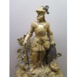 A 19th century Henry Marc Paris gilt metal and marble figural mantle clock surmounted with a warrior
