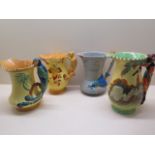 Four Burleigh ware pottery jugs; Dick Turpin, 21cm tall, Parrot moulded handle, 20.5cm tall,