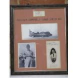 Malcolm Campbell, Land Speed Ace, a framed group of ephemera to include an original ink autograph