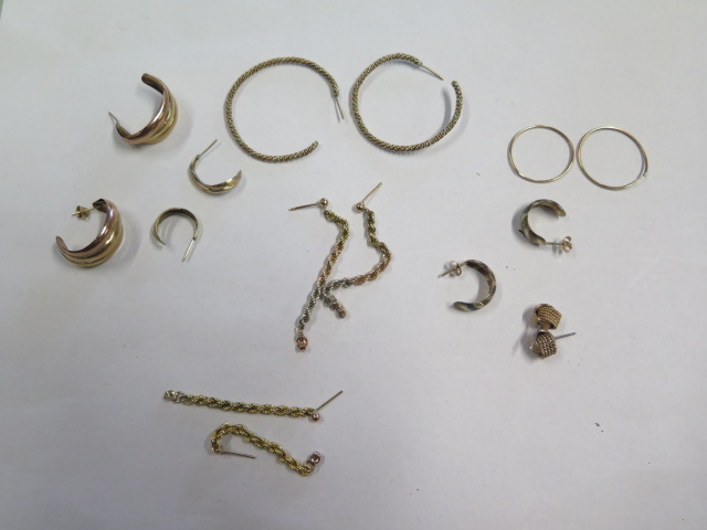 Six pairs of 9ct earrings and two other pairs of earrings, total weight approx 13.8 grams