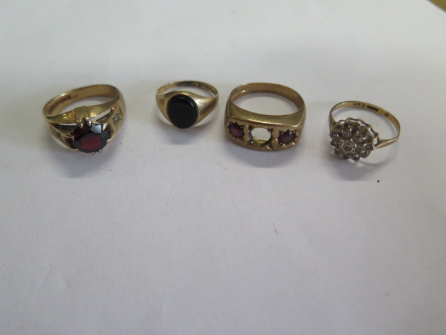 Four 9ct gold rings, one missing a stone, sizes J to S, total weight approx 16.4grams, some - Image 2 of 4