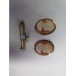 Two 14K gold cameo brooches, 3cm x 2.3cm, approx 6.9 grams, both good condition, and a 9ct opal