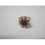 A hallmarked 9ct yellow gold amethyst and pearl ring, 15mm head, size P, approx 4 grams, in