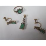 A gilt metal ring earring and pendant set, no hallmarks, tests to approx 9ct, possibly emeralds,