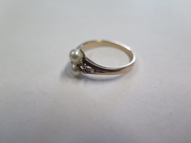 A French yellow gold pearl and diamond ring, tests to approx 18ct, ring size N, approx 2.5 grams, - Image 2 of 4