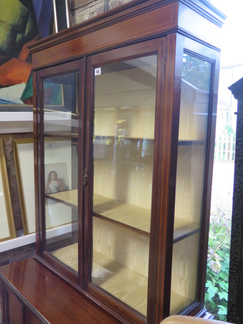 An Edwardian mahogany and line inlaid display cabinet, with glazed hinged doors enclosing two - Image 2 of 6