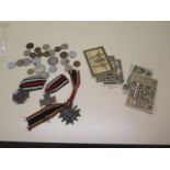 Assorted WWII and pre Russian, German and American WWII coins and notes plus war merit cross and two