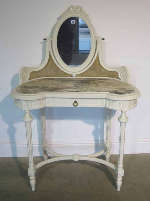 A painted marble top continental dressing table with a drawer, 132cm tall x 90cm x 43cm