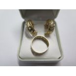 A pair of 14ct gold hoop earrings and a 14ct ring with hibiscus decoration, ring size K, approx 5.