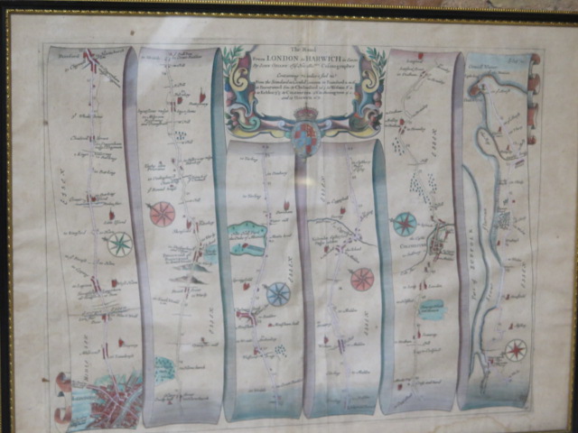 Two John Ogilby road strip maps, London to Yarmouth and London to Harwich, in ebonised frames, - Image 3 of 5