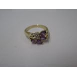 A pretty 14ct yellow gold Amethyst and diamond floral spray ring, size O, marked 14K, approx 3