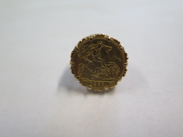 A George V gold half sovereign, dated 1908, in a hallmarked 9ct gold ring mount, size N, approx 9. - Image 2 of 3