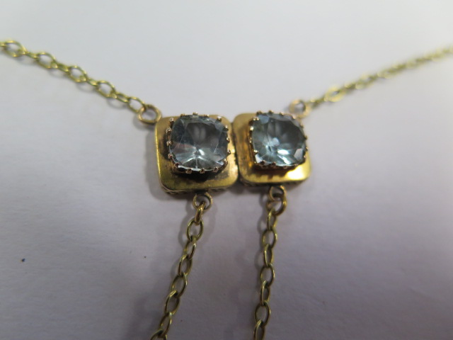 A yellow gold blue stone necklace with 2 drops on a fine chain, stones approx 7mm x 7mm, chain - Image 4 of 4