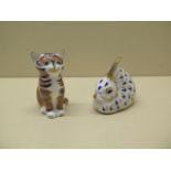 Two Royal Crown Derby paperweights, kitten and rabbit, 9cm high, both good condition