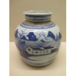 A late 19th century Chinese blue and white ginger jar and cover decorated with landscape scenes,