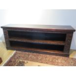 A stained oak low bookcase with carved dragon decoration and single central shelf, 205cm wide x 45cm