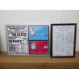 Framed copy of a 1950's Ronnie and Reggie Kray boxing poster, with their boxing career history
