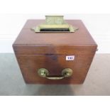 A Victorian oak and brass bound table top ballot box with brass handle, dated 1881, 31cm wide x 26cm