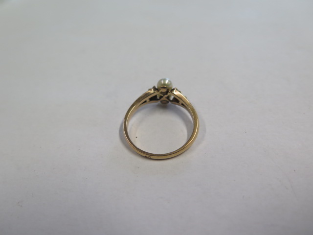 A French yellow gold pearl and diamond ring, tests to approx 18ct, ring size N, approx 2.5 grams, - Image 4 of 4