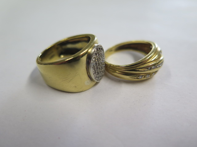 Two 18ct gold diamond encrusted rings, one hallmarked, both size O, approx 13.6 grams, some marks - Image 3 of 3