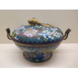 A Chinese Cloisonee oval bowl and cover with internal bowl, fish finial and twin handles, 29cm