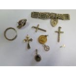 A hallmarked 9ct yellow gold gatelink bracelet, approx 16cm long, 3 hallmarked 9ct crucifixes, 3 9ct