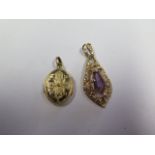 A hallmarked 9ct yellow gold Amethyst pendant 3.5cm, approx 3.8 grams and an 18ct locket, approx 2.7