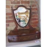 An Edwardian inlaid mahogany shield shaped dressing mirror with a drawer, 60cm tall x 51cm x 28cm