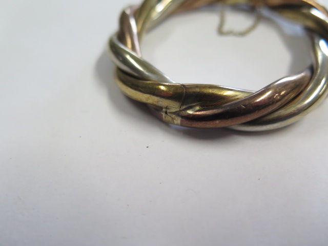 A 9ct tricolour gold hinged hollow bangle, 8cm x 6.8cm external, approx 36 grams, clasp working - Image 2 of 4