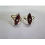 A pair of gold enamel and diamond rings made from 18ct cufflinks, size N and O, total approx