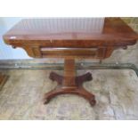 A 19th century mahogany fold over card table, 74 cm tall x 88cm wide, some general wear and fading