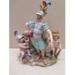 A c.1870 Meissen porcelain group emblematic of war depicting Mars attended by three putti on a