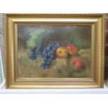 French school, 19th/20th century, initials M.L.W.R, study of black grapes, apples and foliage, oil