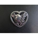 Georg Jensen 925 silver heart shaped bird brooch, no 239, 4cm wide, generally good condition