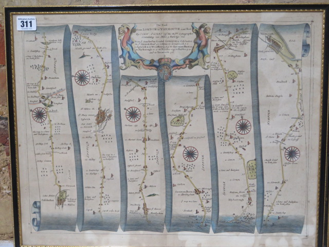 Two John Ogilby road strip maps, London to Yarmouth and London to Harwich, in ebonised frames, - Image 2 of 5